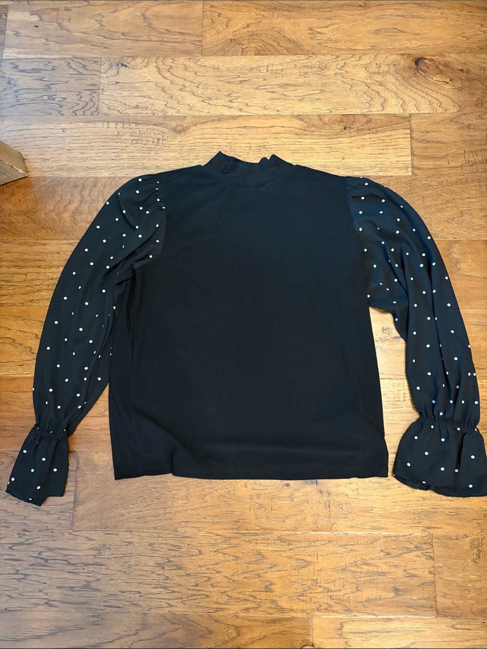 CeCe Black mock neck stretch  Top with White Polka Dot Sleeves